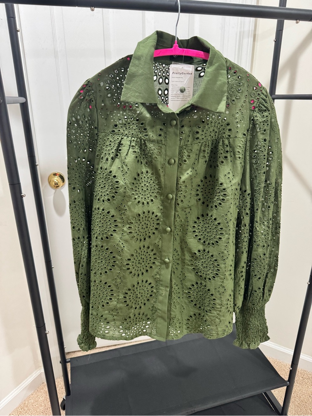 Olive Eyelet Button-Front Blouse with Smocked Cuffs